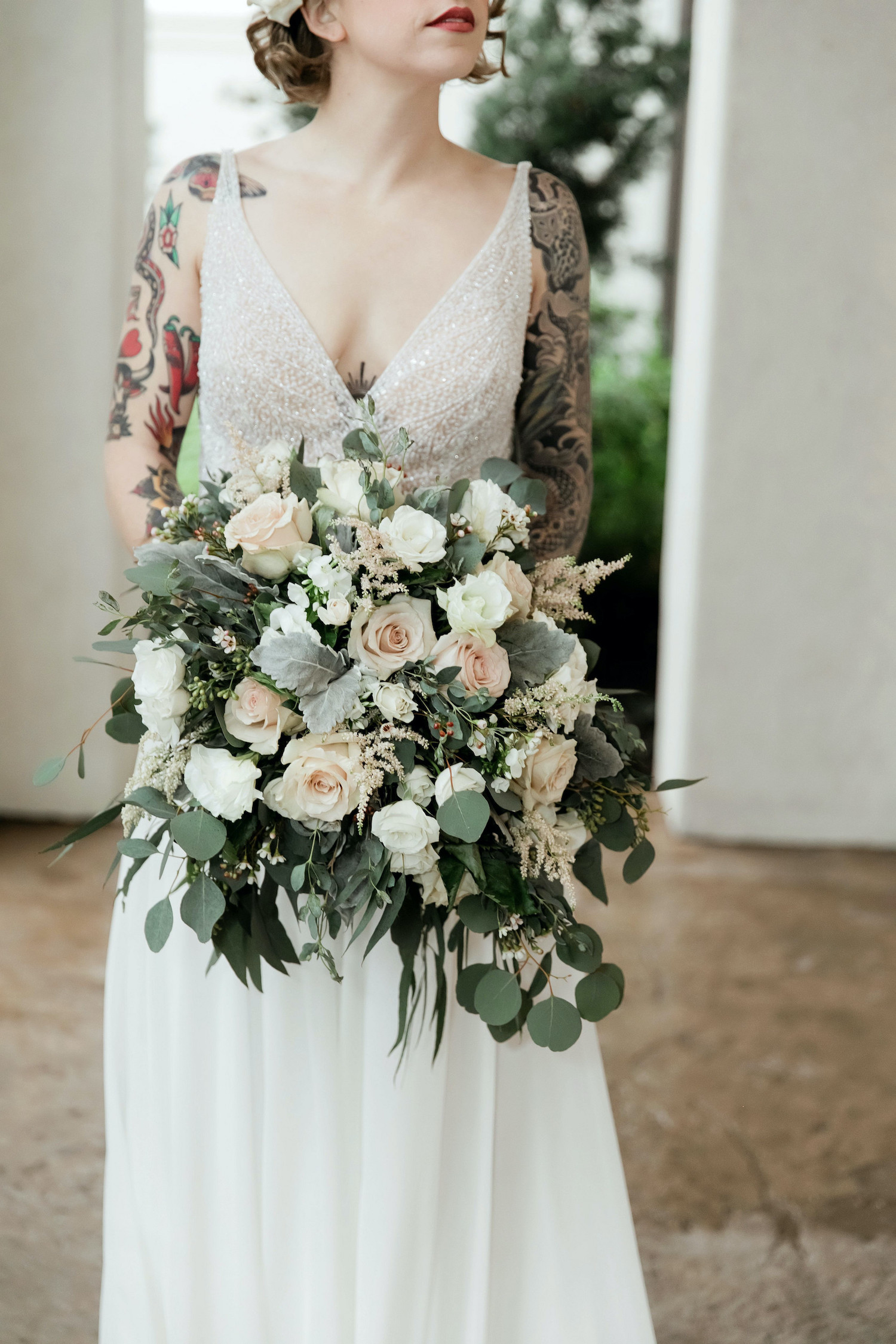 1920s Bridal Bouquet | Bride with Tattoo Sleeves
