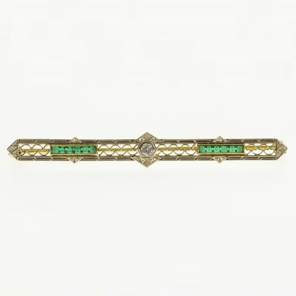 1920s Emerald + Diamond Gold Bar Pin