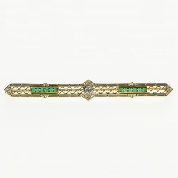 1920s Emerald + Diamond Gold Bar Pin