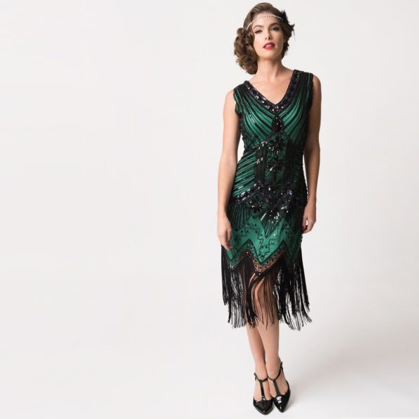 1920s Fringed Green Flapper Dress