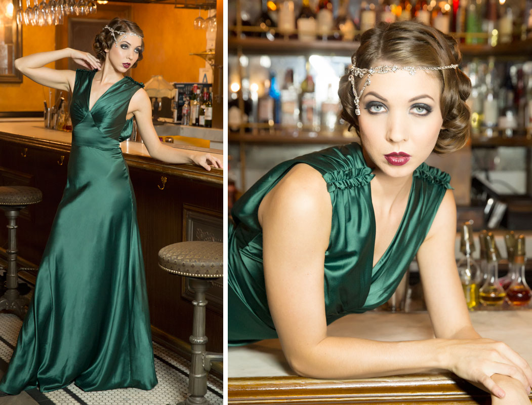 1920s Green Satin Gown