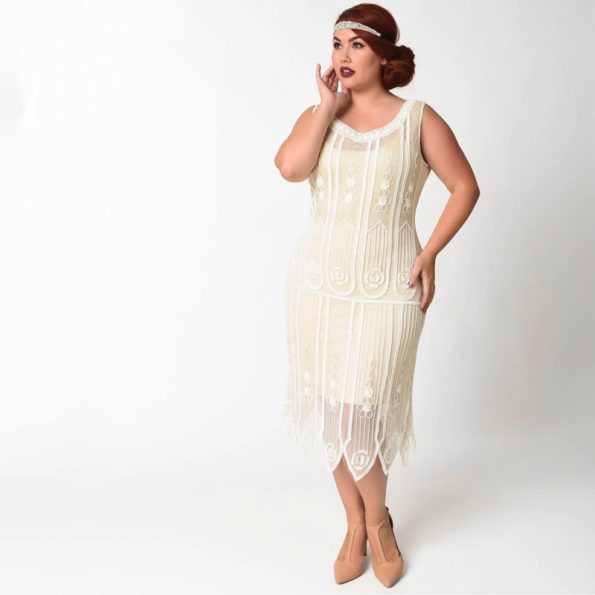 1920s Plus Size Ivory Flapper Wedding Dress