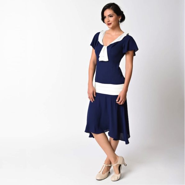 1920s Style Navy Drop Waist Flapper Dress