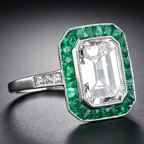 Art Deco Emerald Cut Ring with Emerald Halo