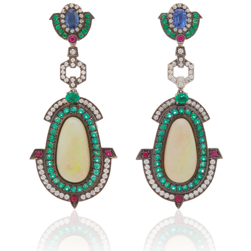 Art Deco Sapphire, Emerald, Diamond + Ruby Drop Earrings