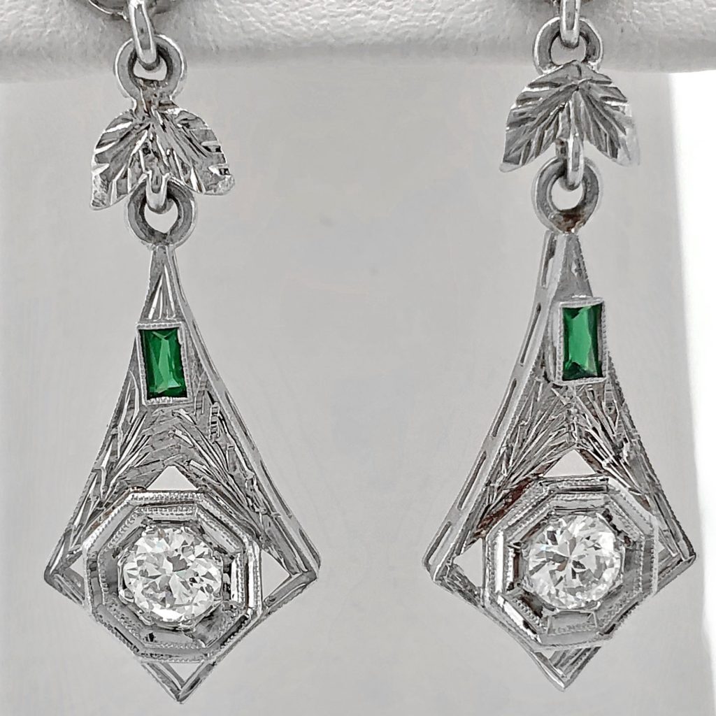 Antique 1920s Emerald Art Deco Diamond Earrings