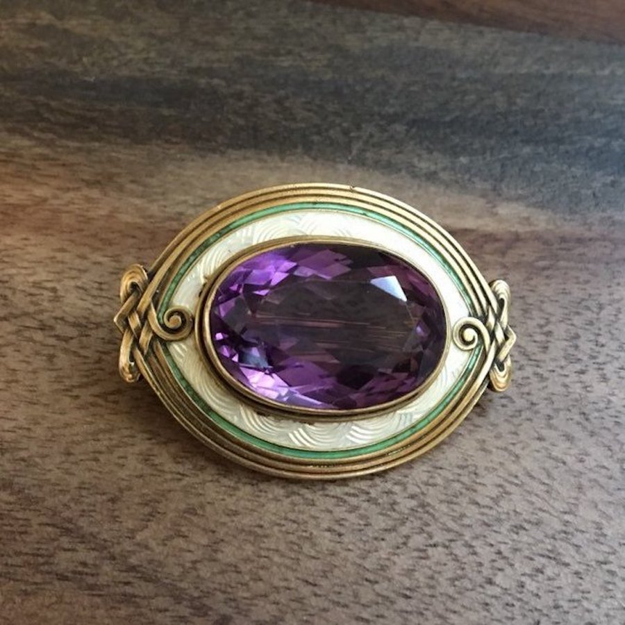 Antique Amethyst Brooch with White and Green Enamel