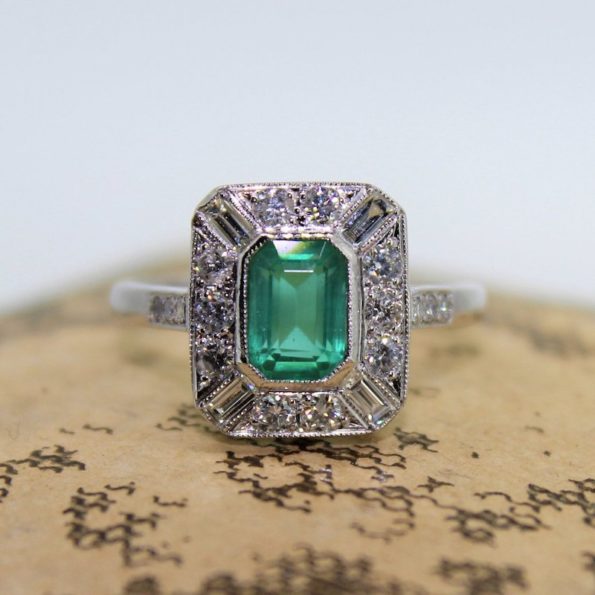 Antique Art Deco Emerald Halo Engagement Ring