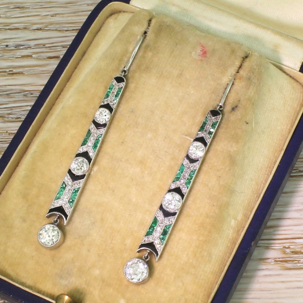 Art Deco Diamond Emerald Onyx Earrings