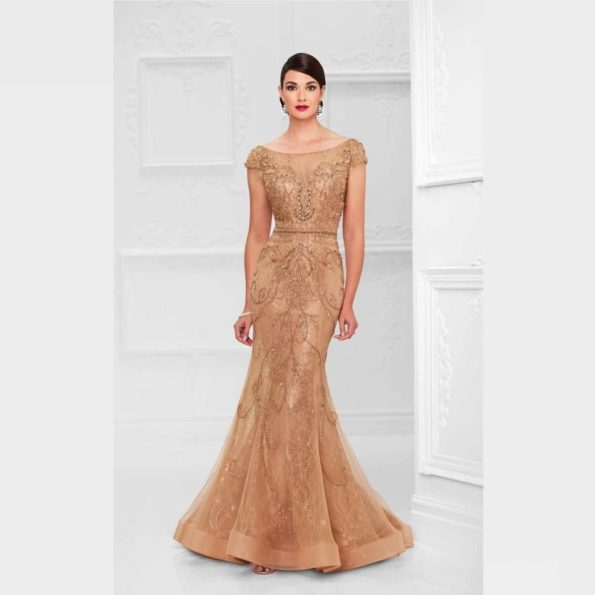 Beaded Bateau Neck Evening Gown