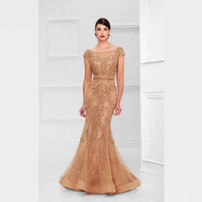 Boat Neck Long Sleeve Gown With Striped Beading main image 0