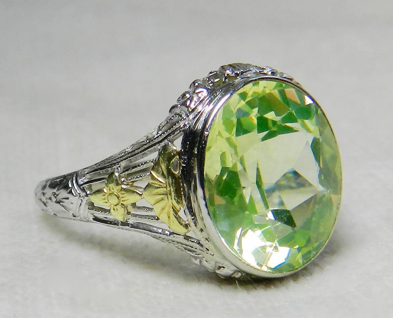 Bezel Set Lime Green Spinel Art Deco Ring