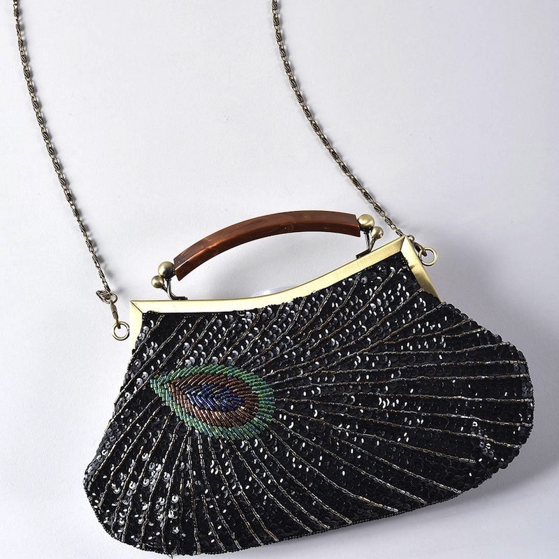 Black Beaded LA REGALE Evening Bag - Flapper Art Deco Style Purse - Evening  Purse - Gold Tone Chain Strap - Kissing Lock Bag - Beaded Fringe