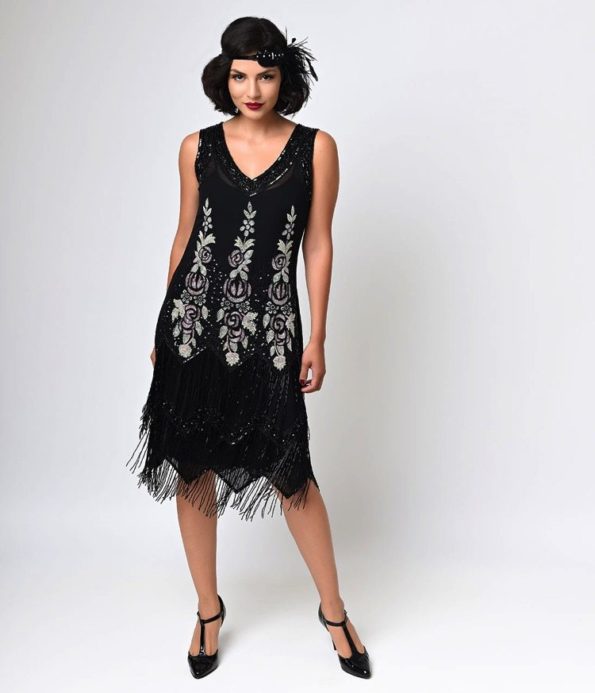 Black Floral Fringe Flapper Dress