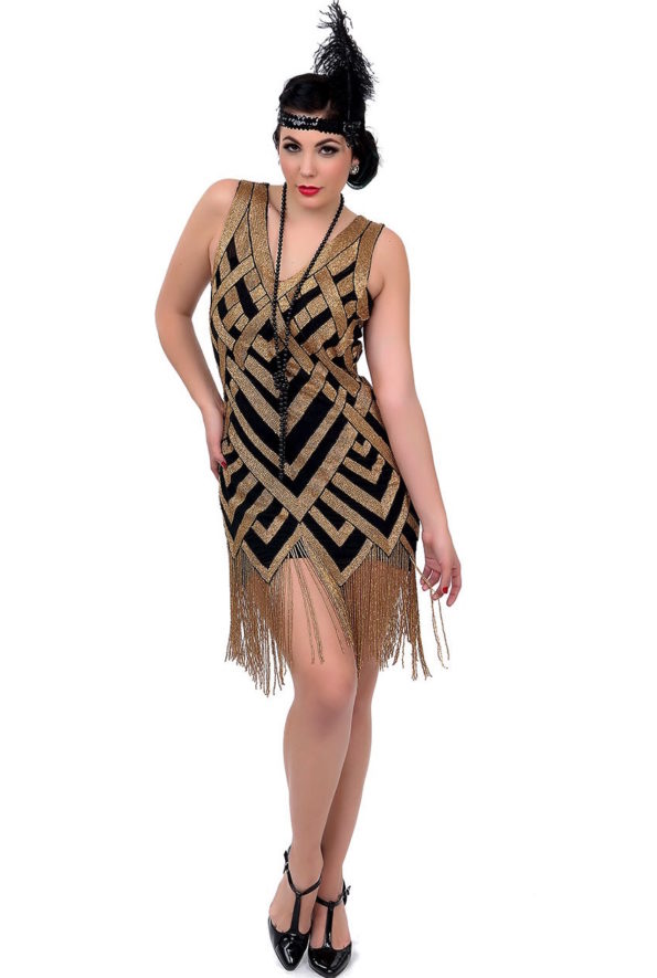 Black + Gold Art Deco Beaded Flapper Dress