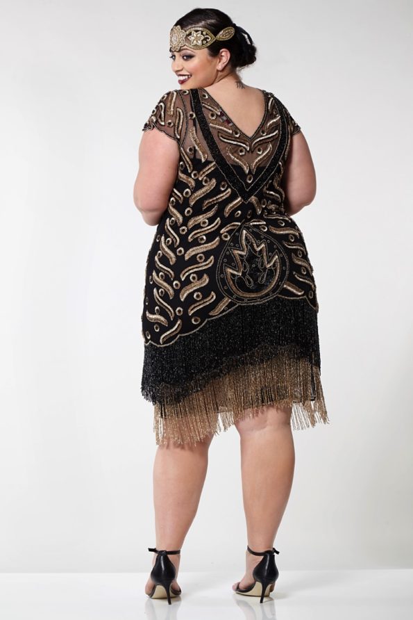Black and Gold Plus Size Fringed Flapper Dress
