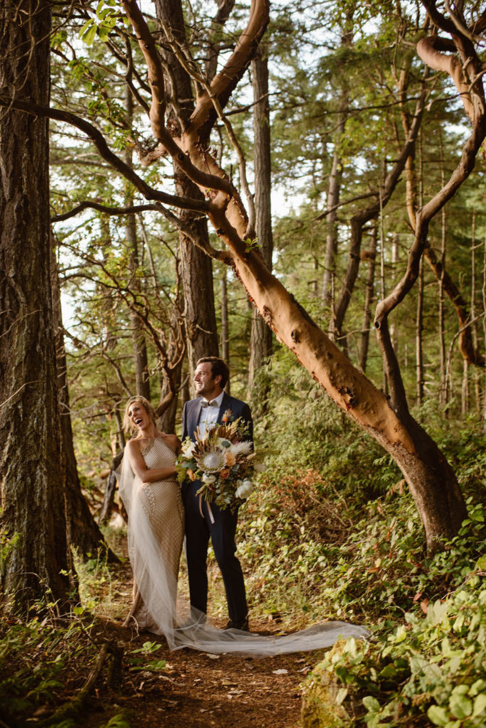 Bride and Groom Hiking Vintage Outdoorsy Elopement