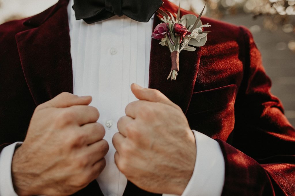 Burgundy Suit Groom | Boutonniere