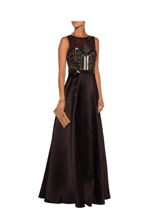 Chocolate Brown Satin Art Deco Gown | Badgley Mischka