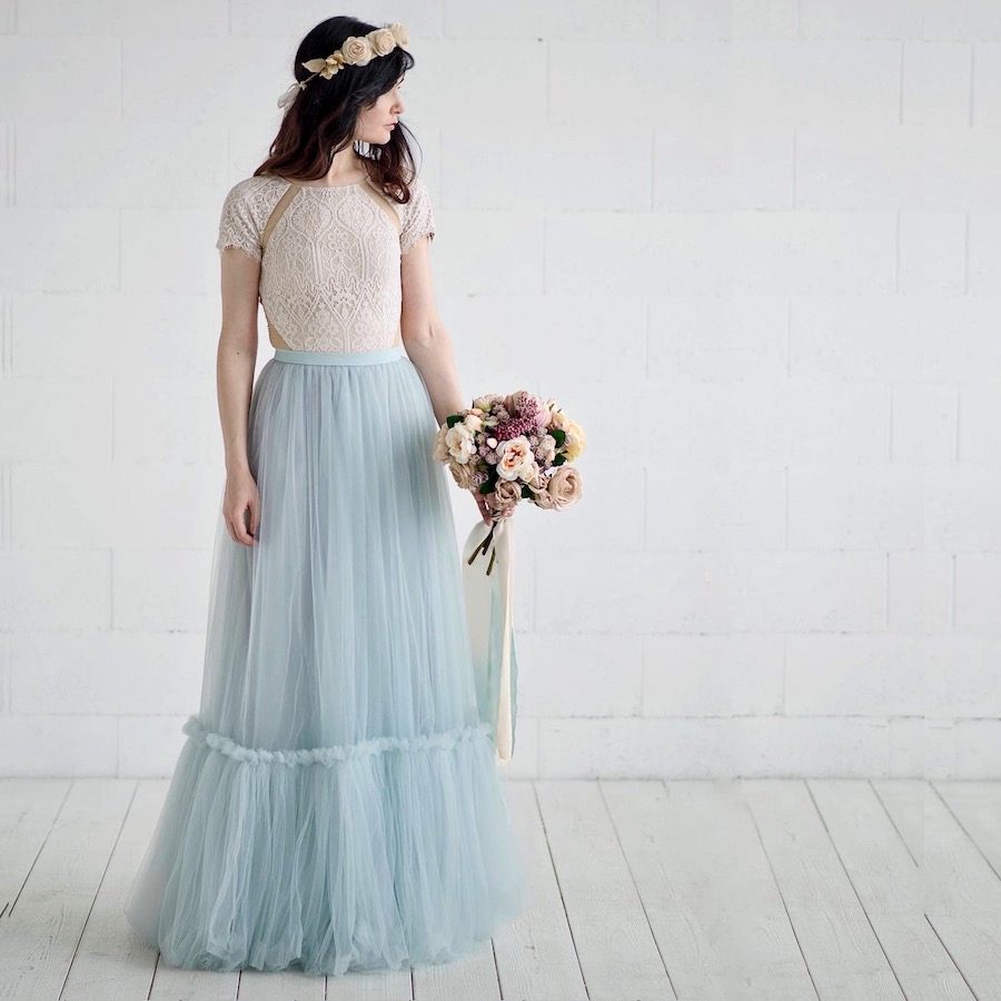 Short Sleeve Blue Skirt Wedding Gown | Dolores