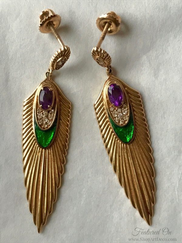 Erte Art Deco Amethyst Feather Earrings
