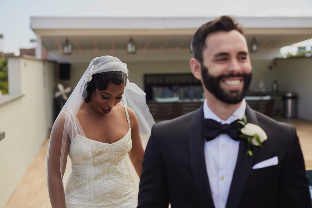 First Look 1920s Style Brooklyn Wedding