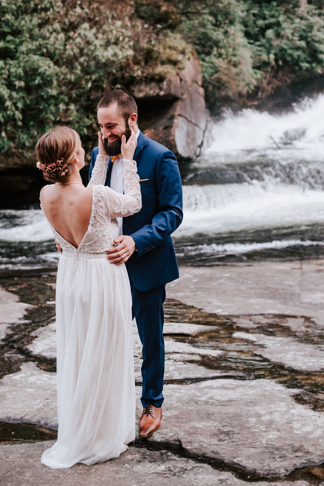 First Look North Carolina Waterfall Wedding
