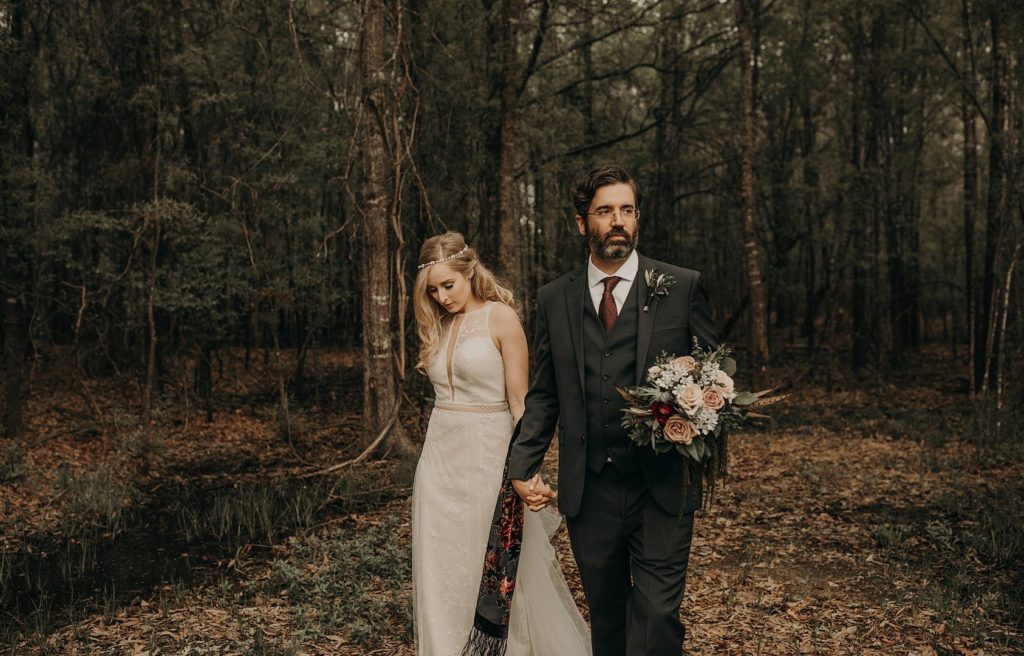 Bride + Groom Walking Through Forest