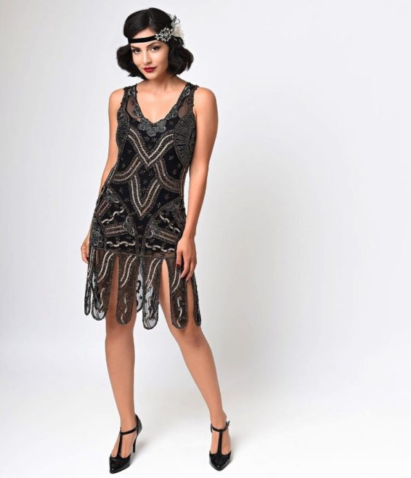 Black + Gold Drop Waist Flapper Dress | Deco Shop
