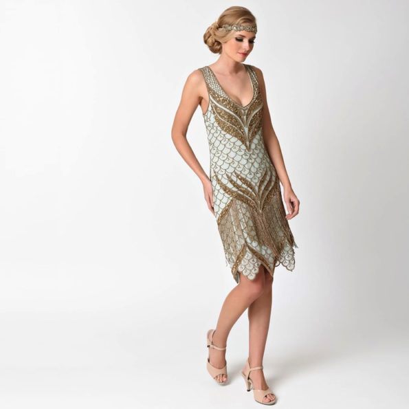 Gold Fringed Blue Green Flapper Dress