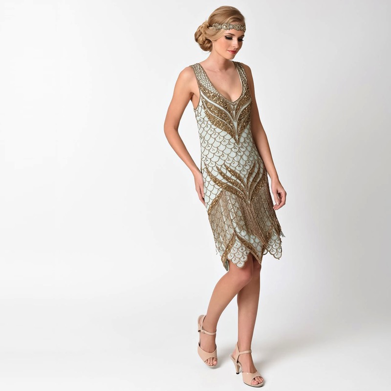 gold fringe flapper dress