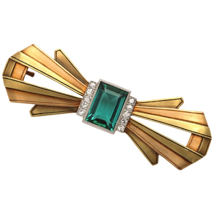 Gold and Green Art Deco Brooch