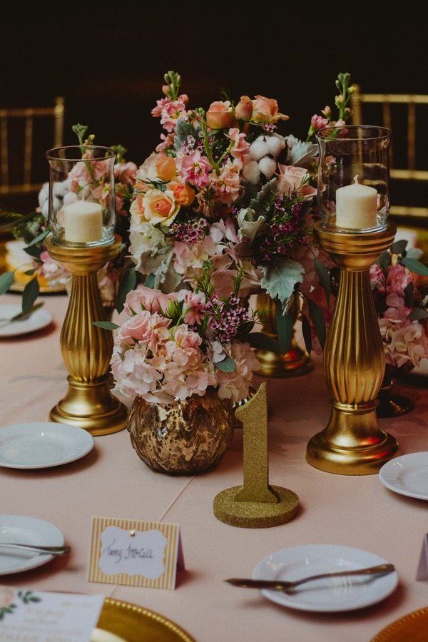 Gold and pink wedding centerpieces