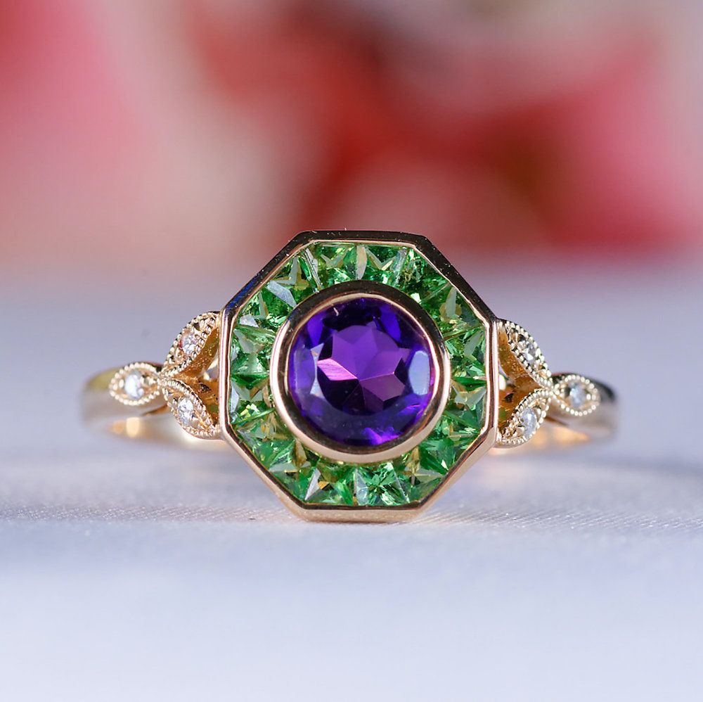 Green Garnet + Amethyst Art Deco Ring