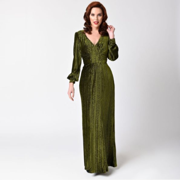 Green Velvet Long Sleeve Art Deco Gown
