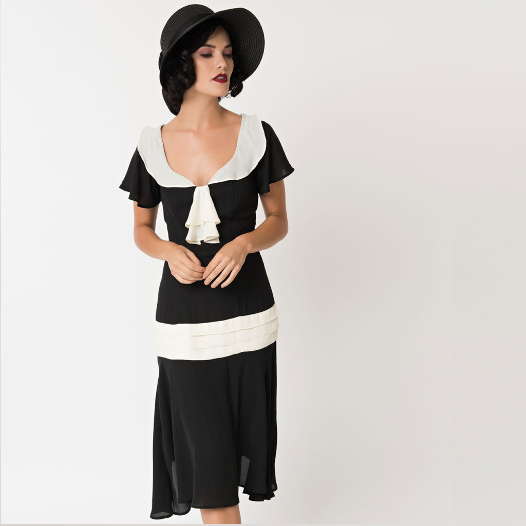 Black 1920s Drop Waist Flapper Dress with Ivory Trim Deco Shop