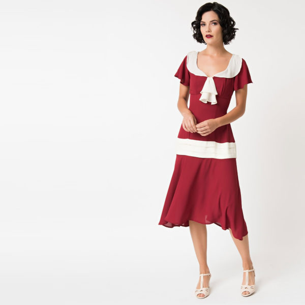 Ivory + Red 1920s Drop Waist Flapper Dress | Deco Shop