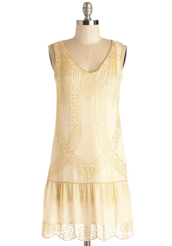 Ivory + Gold Beaded Drop Waist Dress