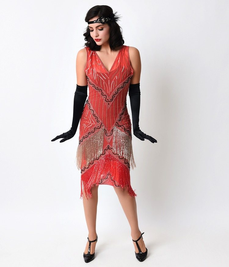 Jazz Age Coral Flapper Dress | Deco Shop