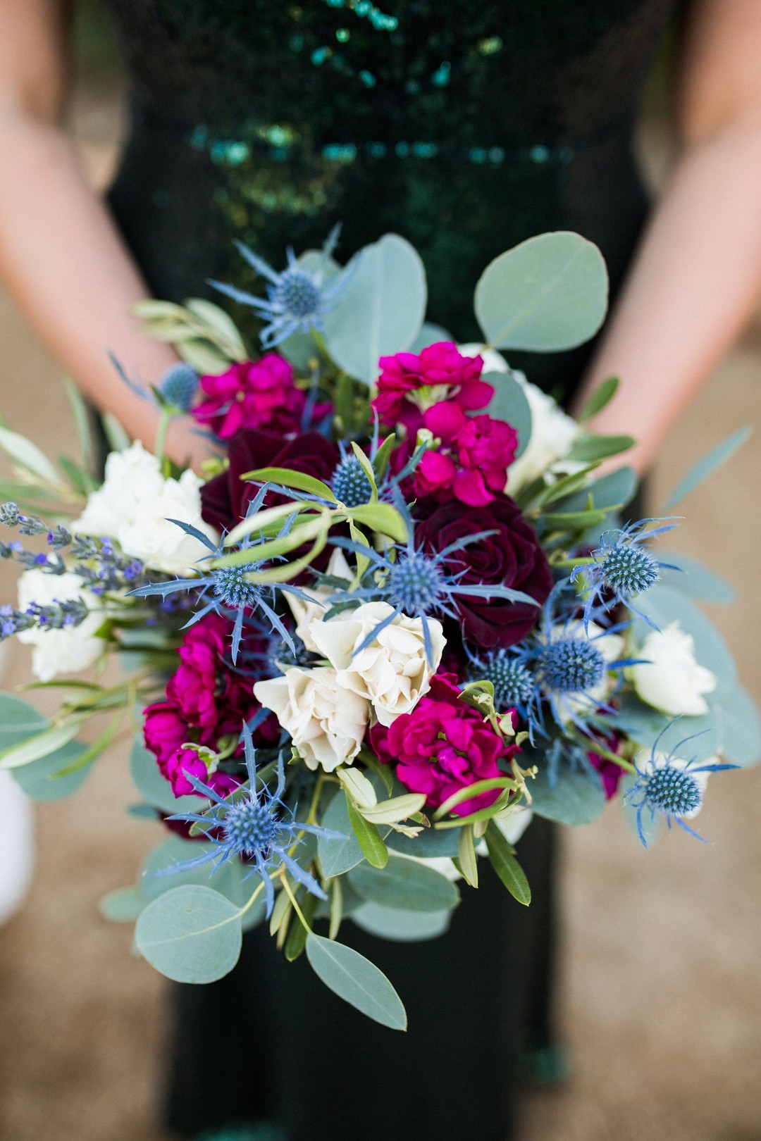 Magenta, Blue + White Bridesmaids Bouquet