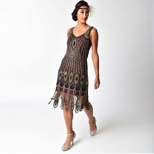 Maroon + Gold 1920s Flapper Dress