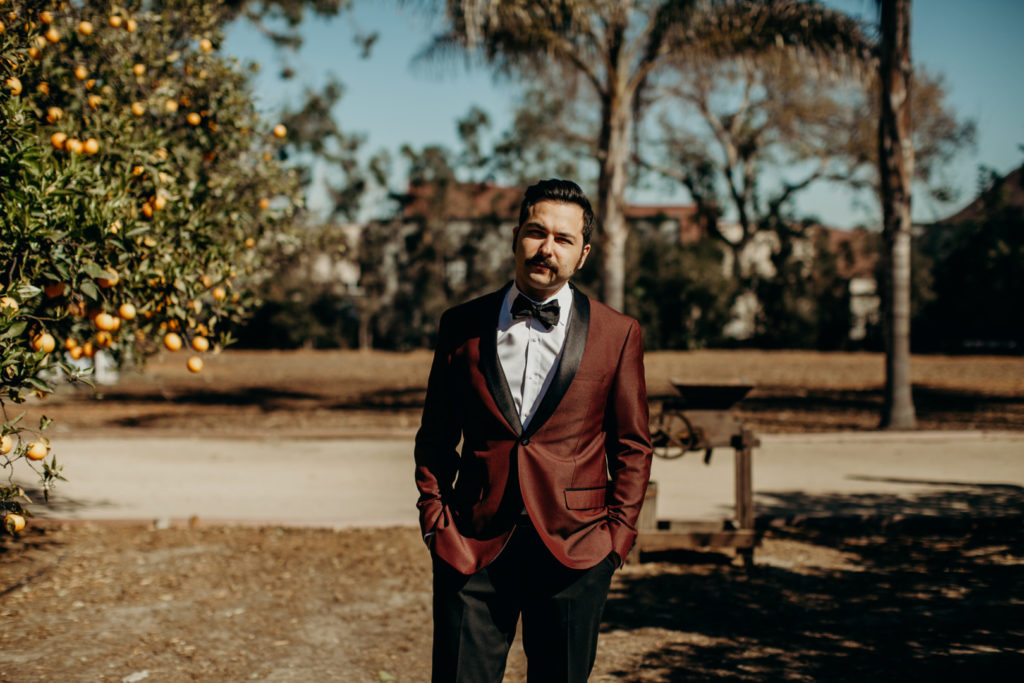 Maroon Suit Groom | Vintage California Winter Wedding