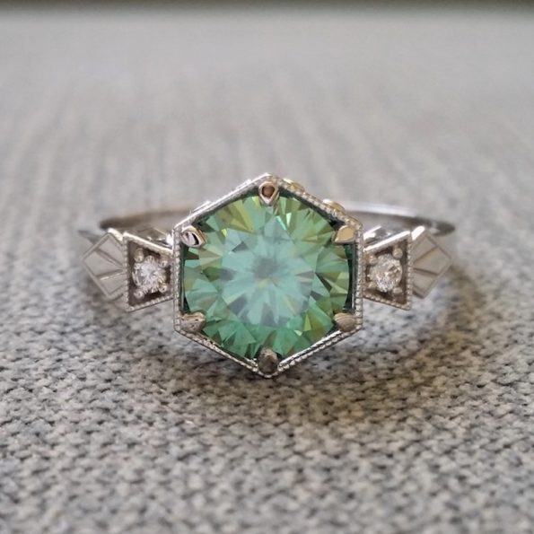 Mint Green Moissanite Art Deco Ring