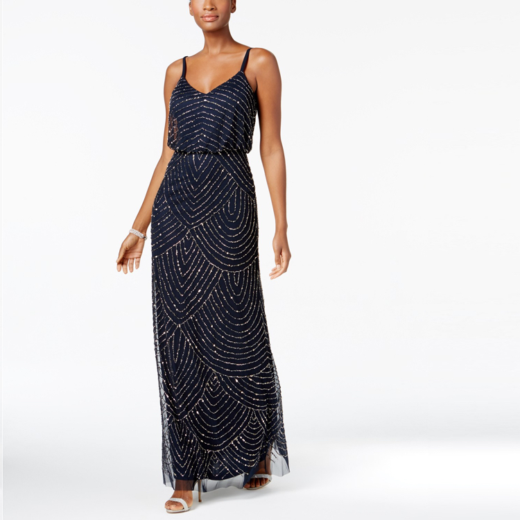 adrianna papell beaded blouson gown navy