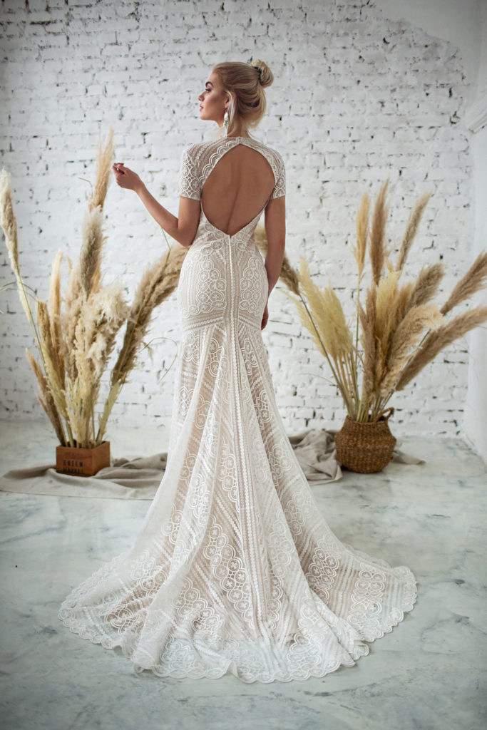 Open Back Short Sleeve Lace Wedding Gown