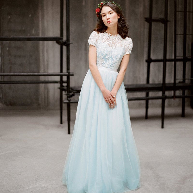 Puff Sleeve Blue Wedding Gown | Ilaria | Milamira