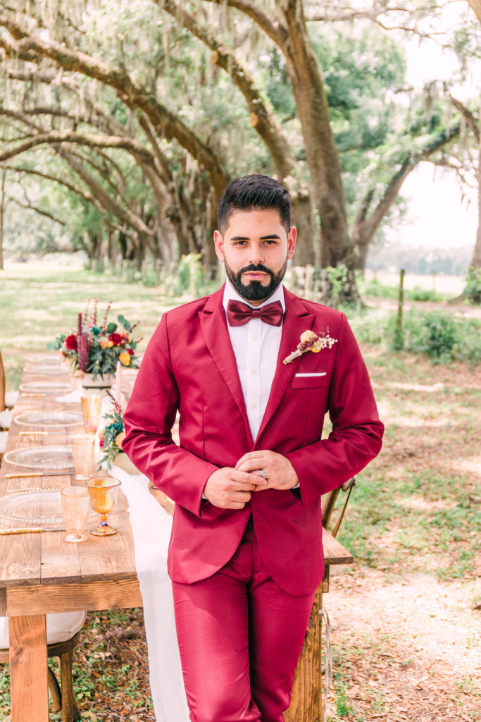 Red Groom Suit Rustic Wedding