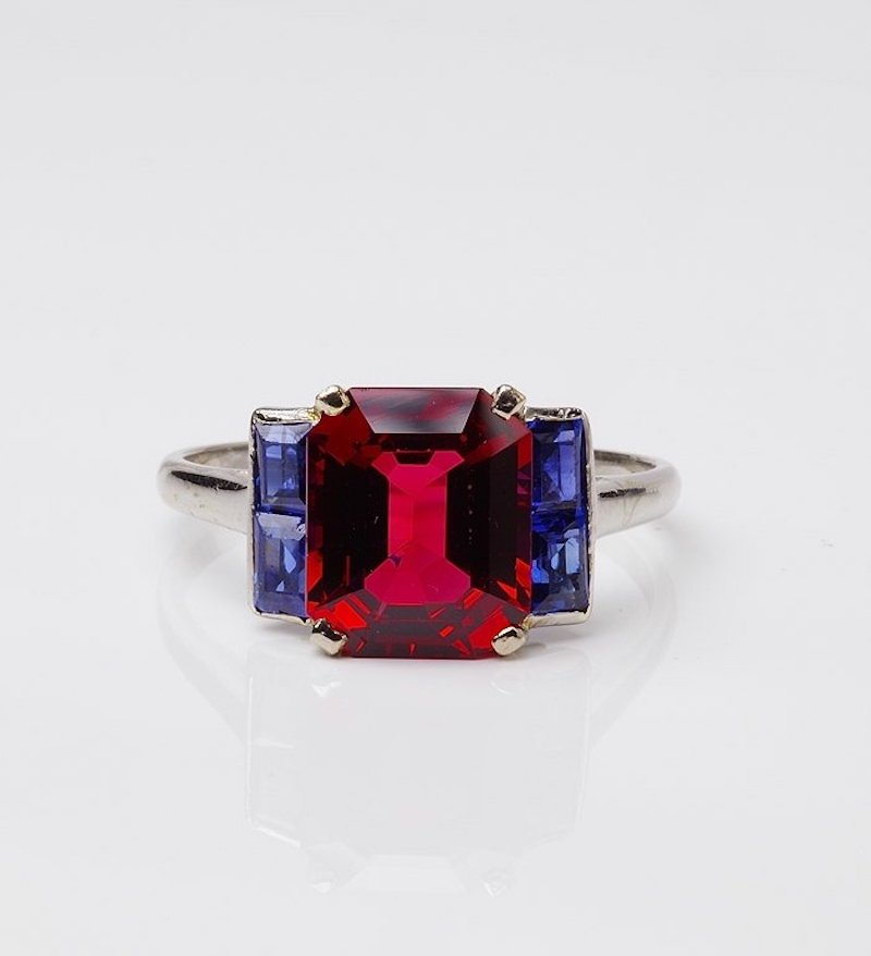Red Spinel and Sapphire Art Deco Ring