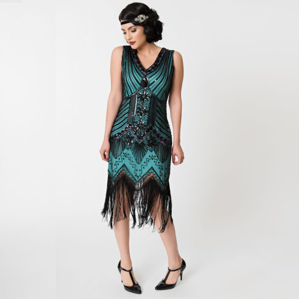 Roaring 20s Blue Green Fringe Flapper Dress