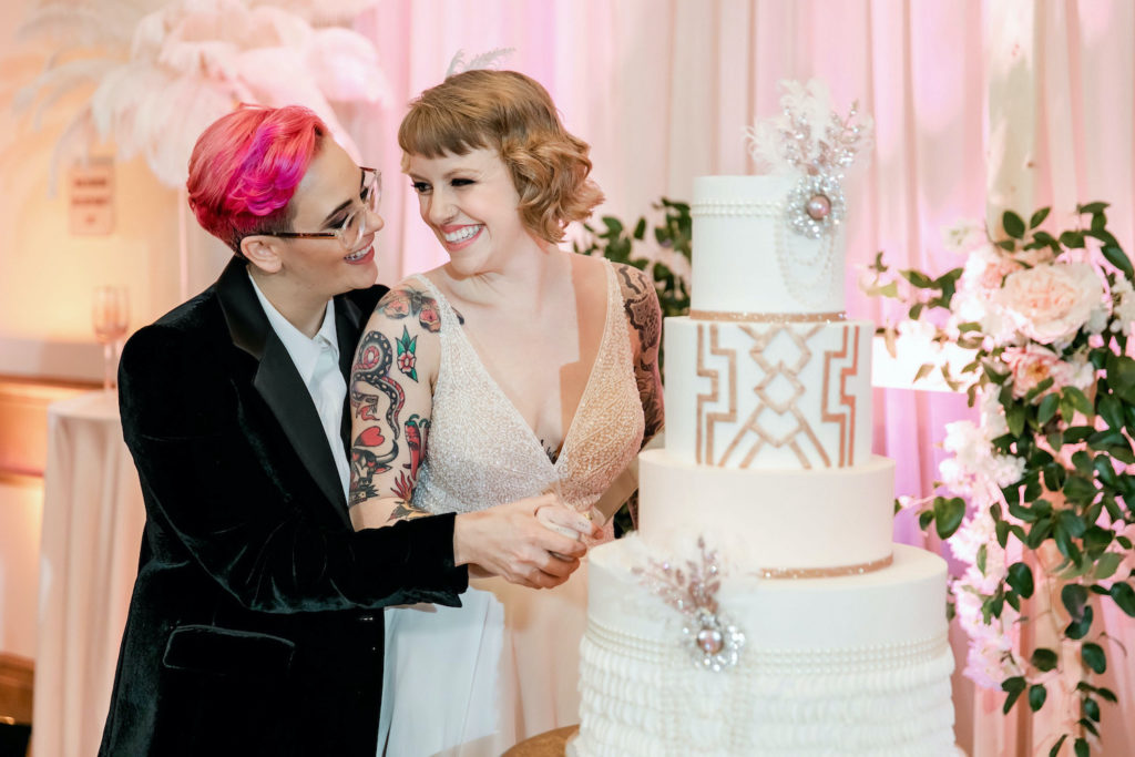 Roaring 20s Wedding Cake Cutting Brides